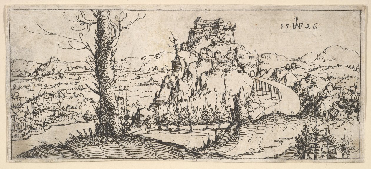 Landskap med höga klippor och fästningar, 1546. av Augustin Hirschvogel