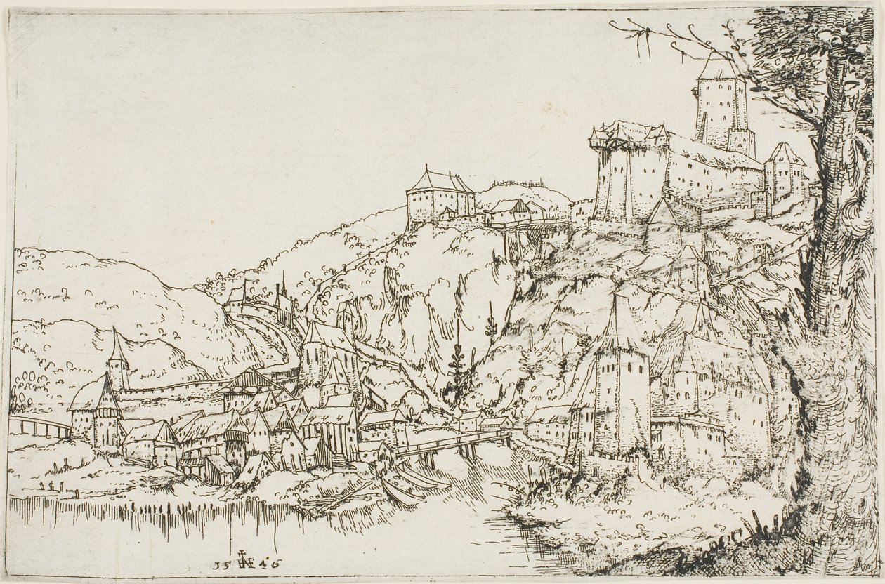 Landskap med flod, stad och slott av Augustin Hirschvogel