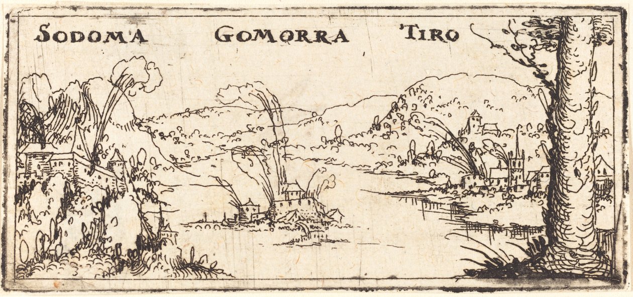 Landskap med tre brinnande städer: Sodom, Gomorra och Tyrus. av Augustin Hirschvogel