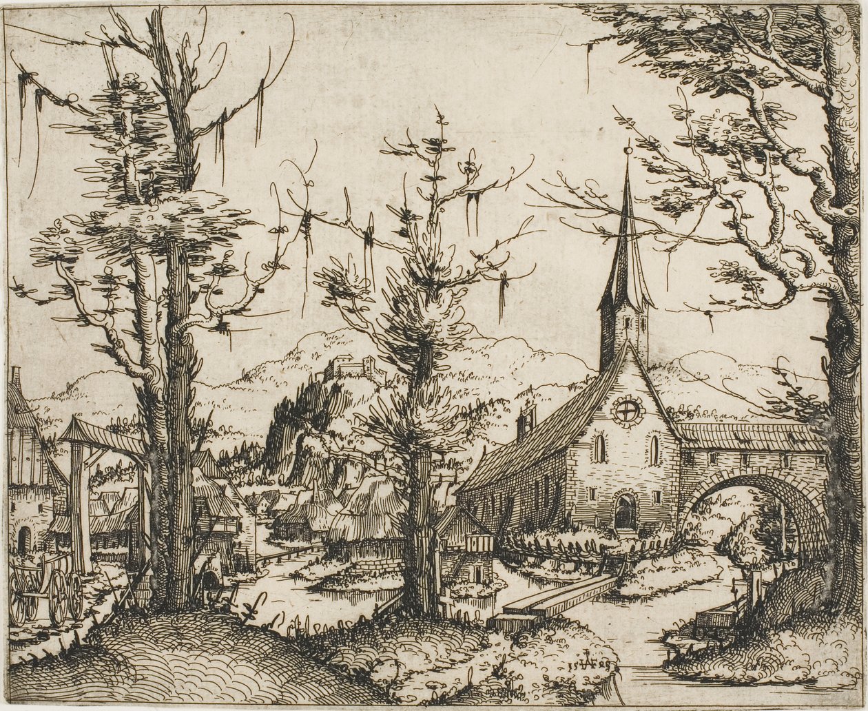 Landskap med en kyrka och täckt bro av Augustin Hirschvogel