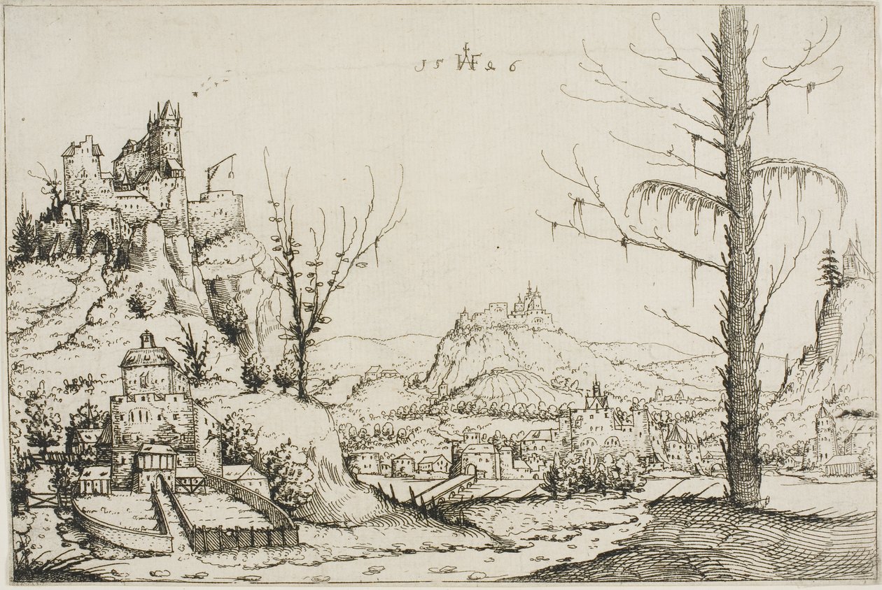 Landskap med en fästning på en kulle av Augustin Hirschvogel