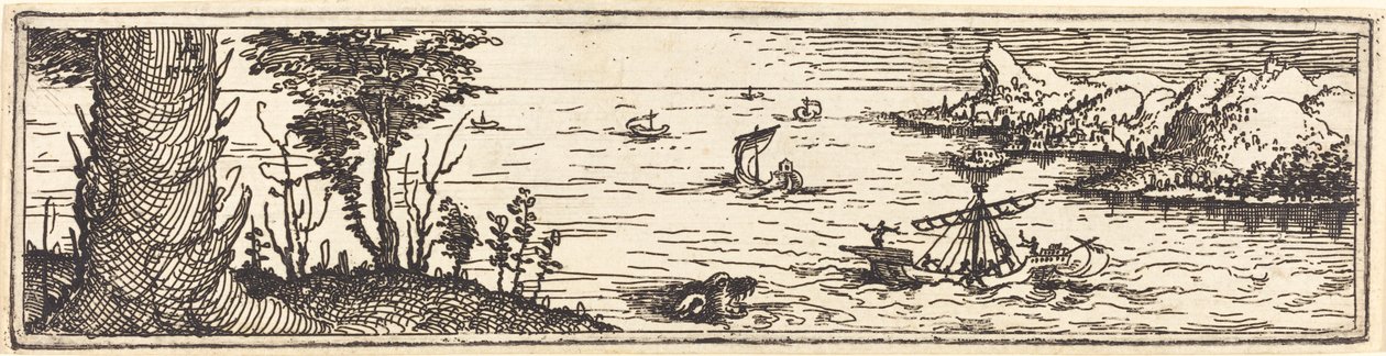 Landskap med sjö och segelfartyg, 1545. av Augustin Hirschvogel