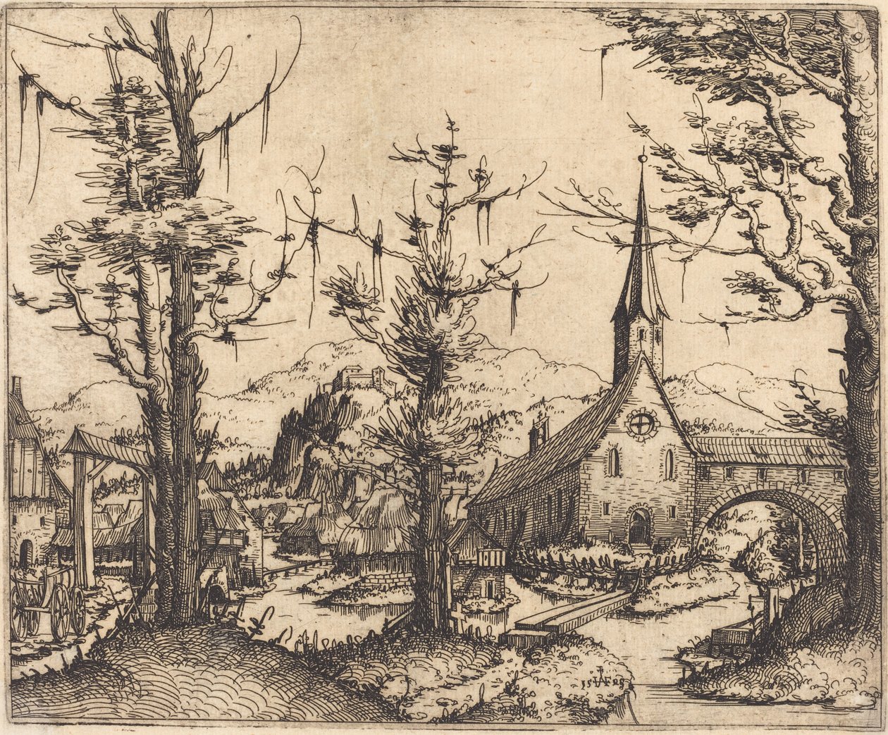Landskap med en bykyrka av Augustin Hirschvogel