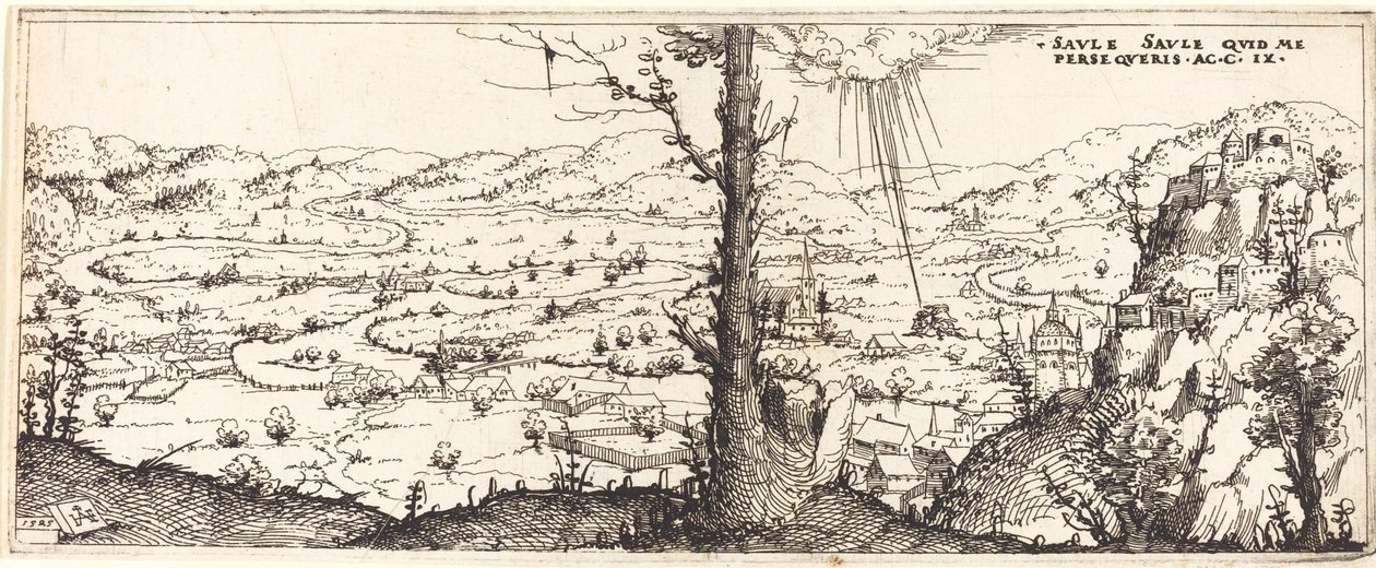 Landskap med Sankt Paulus omvändelse, 1545. av Augustin Hirschvogel