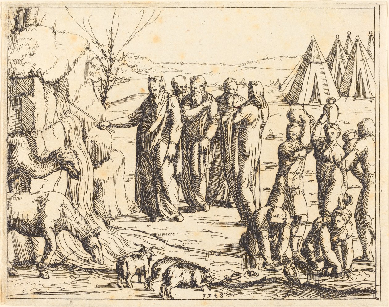 Moses slår klippan. av Augustin Hirschvogel