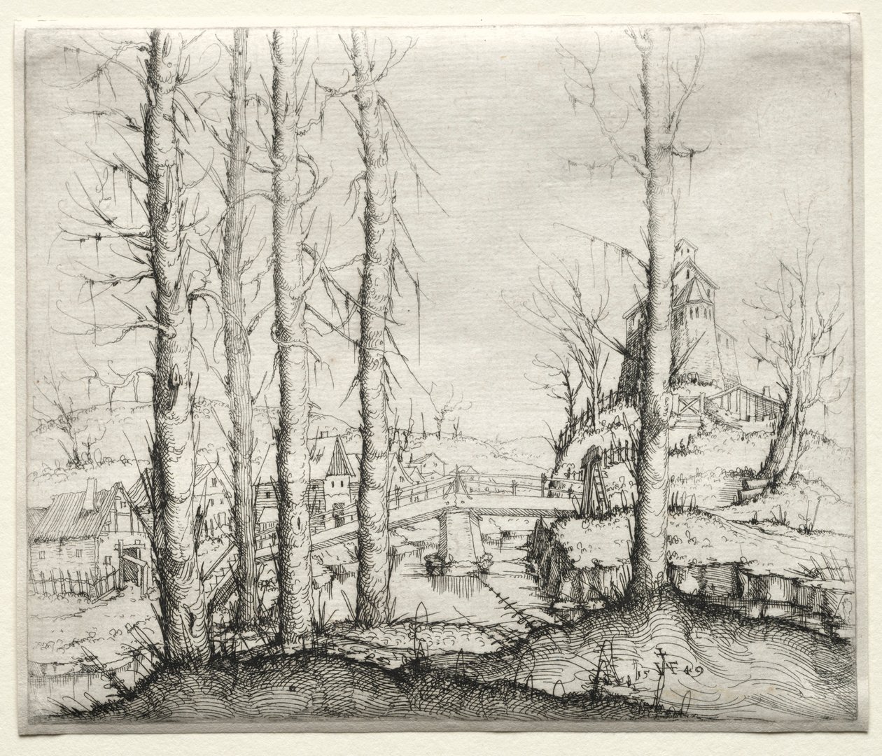 Flodlandskap med fem kala granar i förgrunden, 1549. av Augustin Hirschvogel