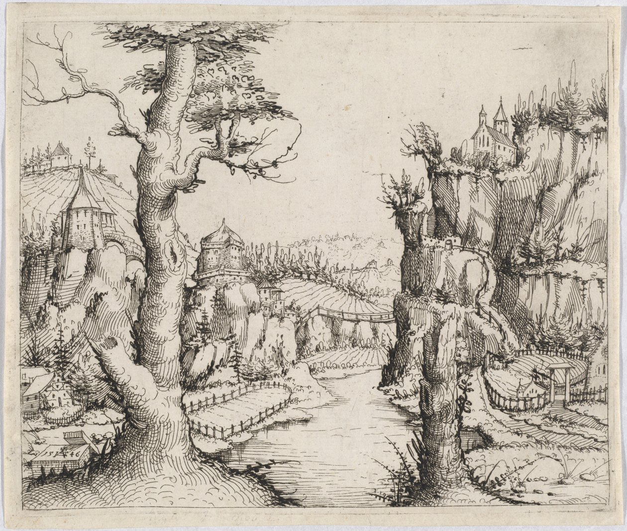 Flodlandskap med höga klippor, 1546. av Augustin Hirschvogel