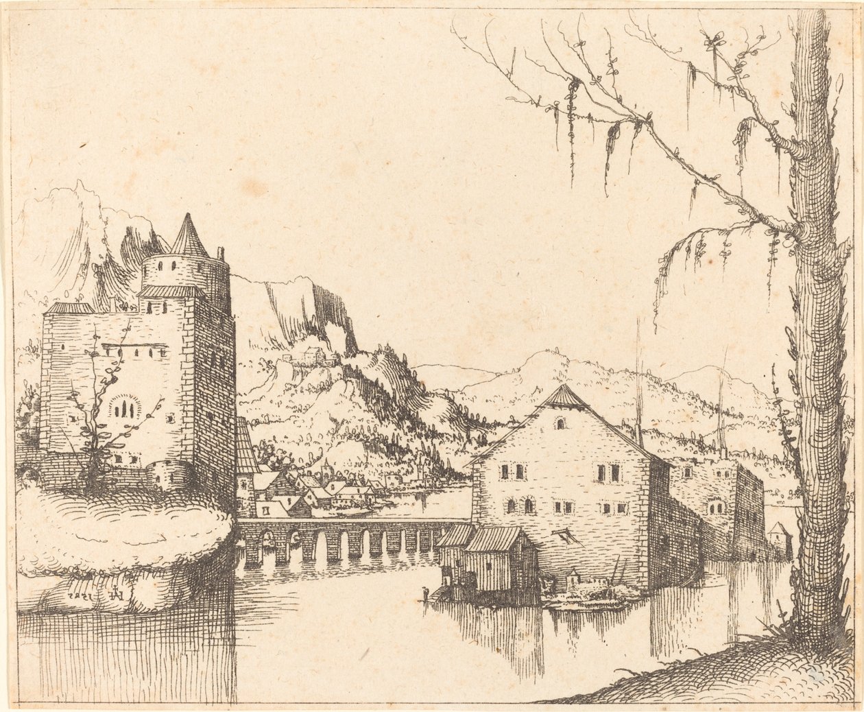 Flodlandskap med öhus, 1545. av Augustin Hirschvogel