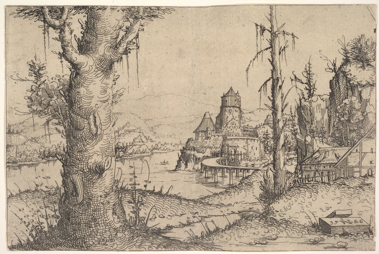 Flodlandskap med stort träd till vänster, 1546. av Augustin Hirschvogel