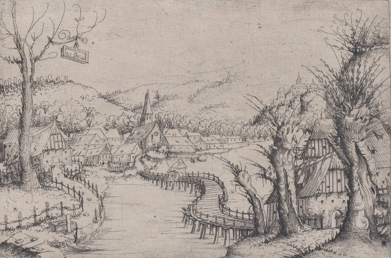 Flodlandskap med tre kala pilträd till höger och en lång slingrande träbro vid ..., 1546. av Augustin Hirschvogel