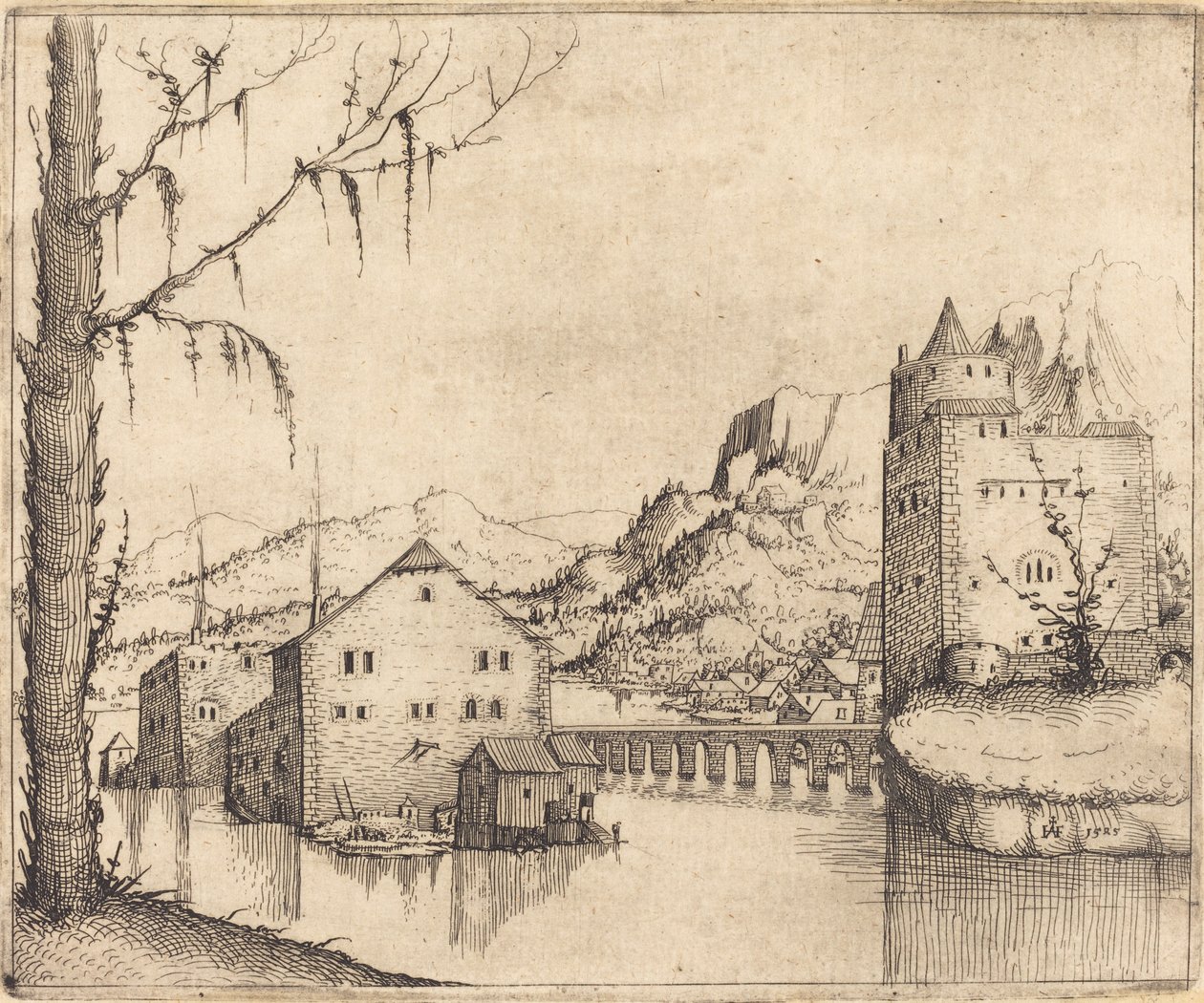 Flodlandskap med två byggnader, 1545. av Augustin Hirschvogel