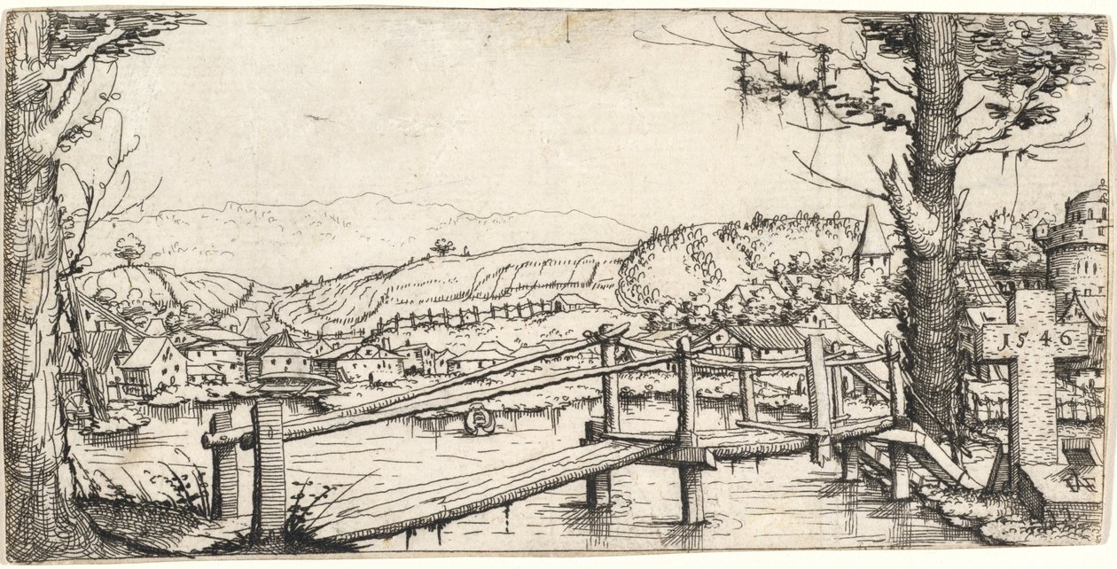 Flodlandskap med en gångbro, 1546. av Augustin Hirschvogel