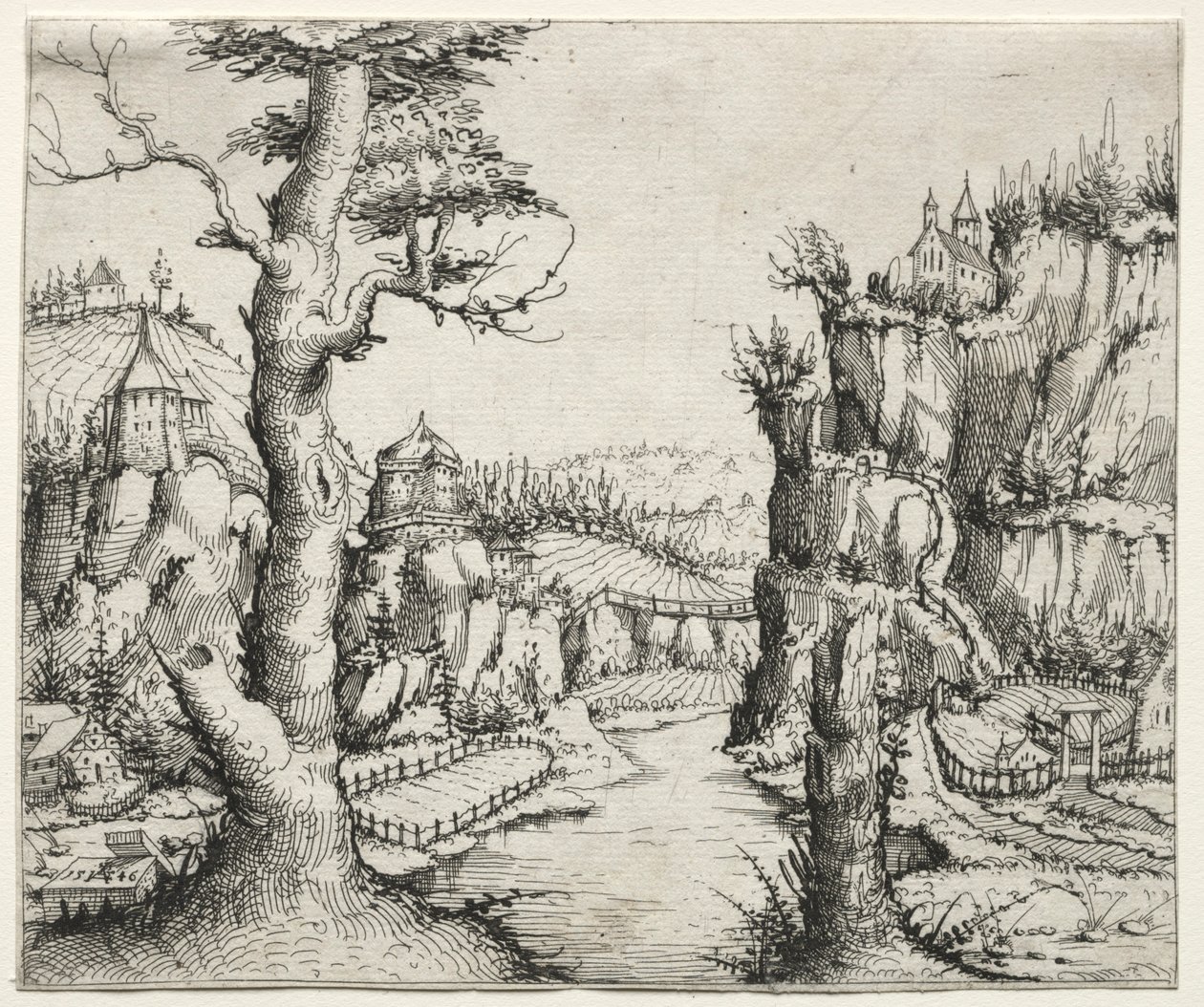 Flodlandskap med stenar till vänster och till höger, 1546. av Augustin Hirschvogel