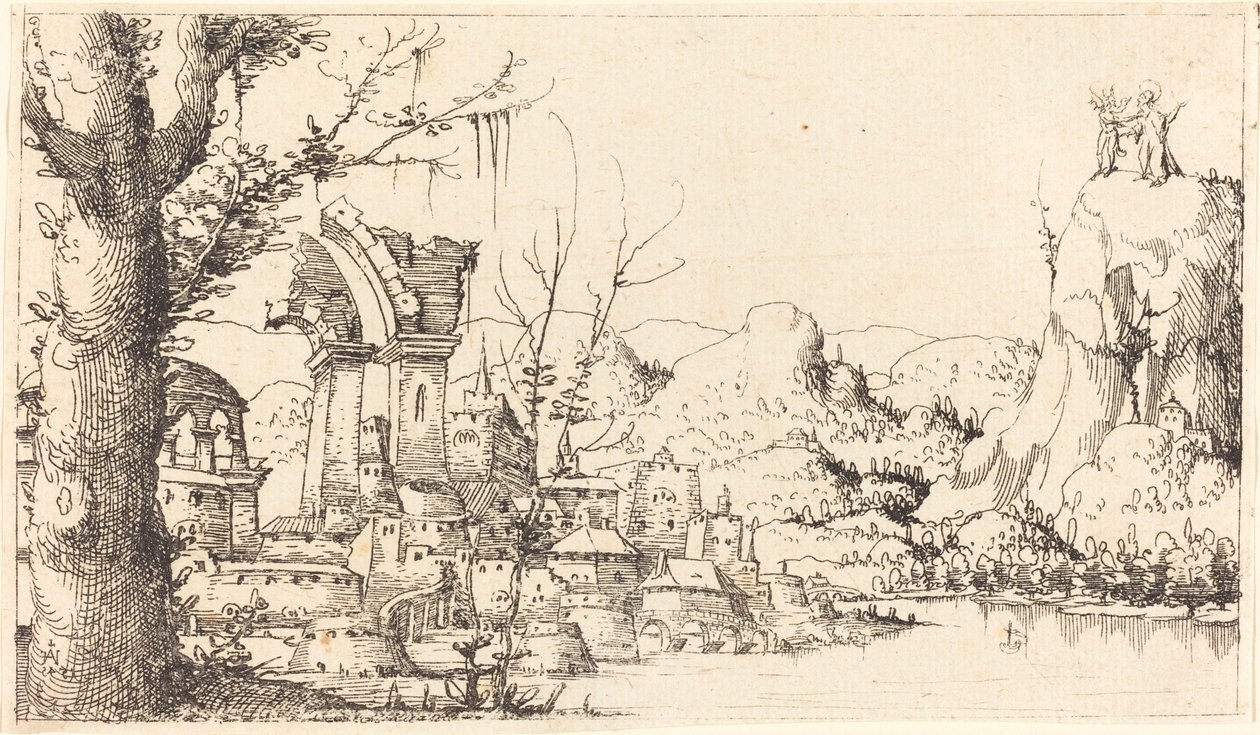 Flodlandskap med Kristi frestelse, 1545. av Augustin Hirschvogel