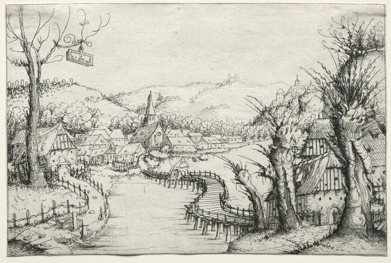 Flodlandskap med tre kala pilträd till höger och en lång slingrande träbro..., 1546. av Augustin Hirschvogel