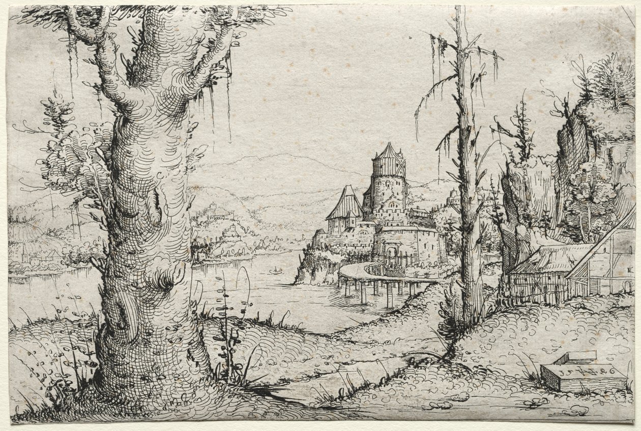 Flodlandskap med stort träd till vänster, 1546. av Augustin Hirschvogel