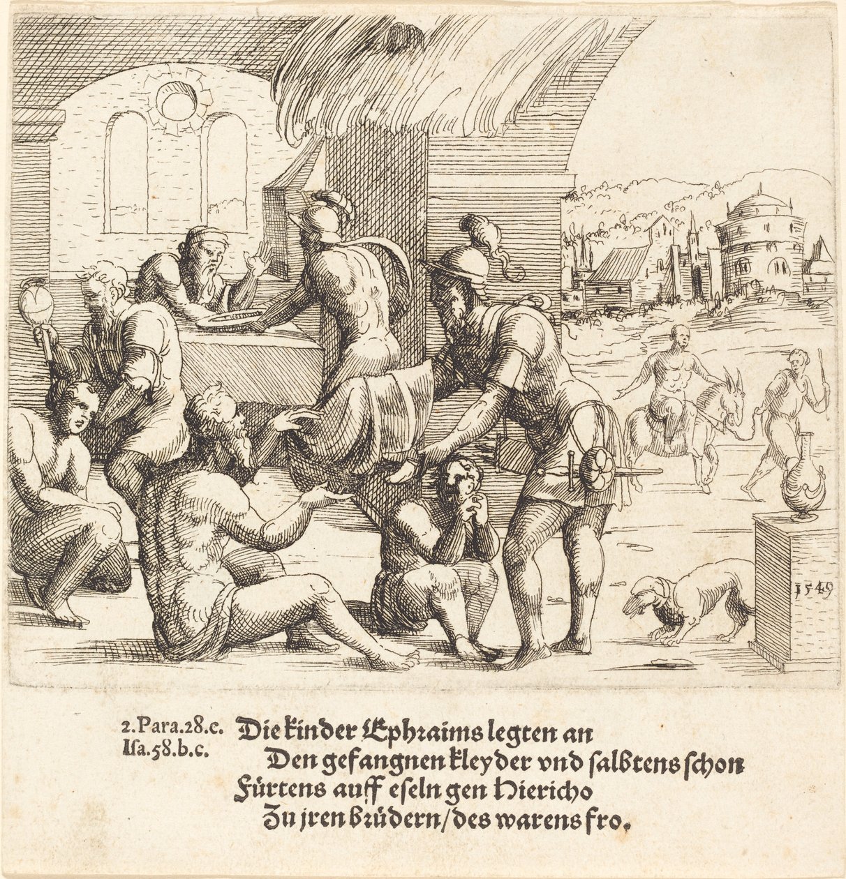 Efraims män tar hand om sina fångar och återlämnar dem till Jerico, 1549. av Augustin Hirschvogel