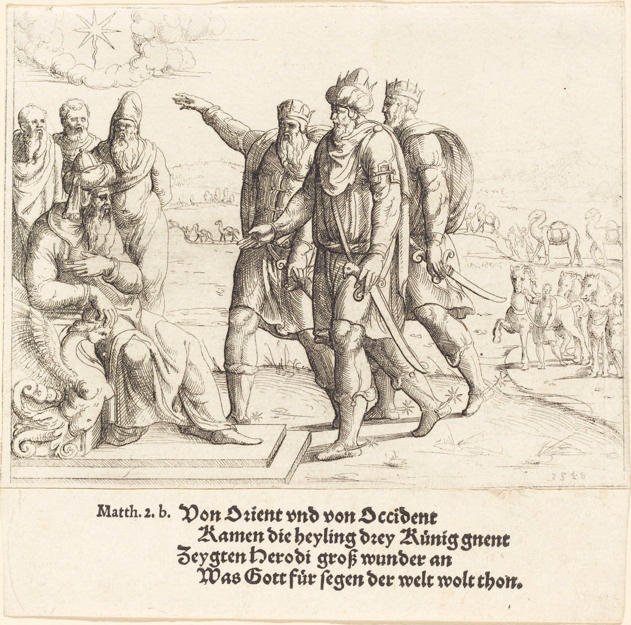 De tre kungarna berättar för Herodes om Kristi födelse, 1549. av Augustin Hirschvogel