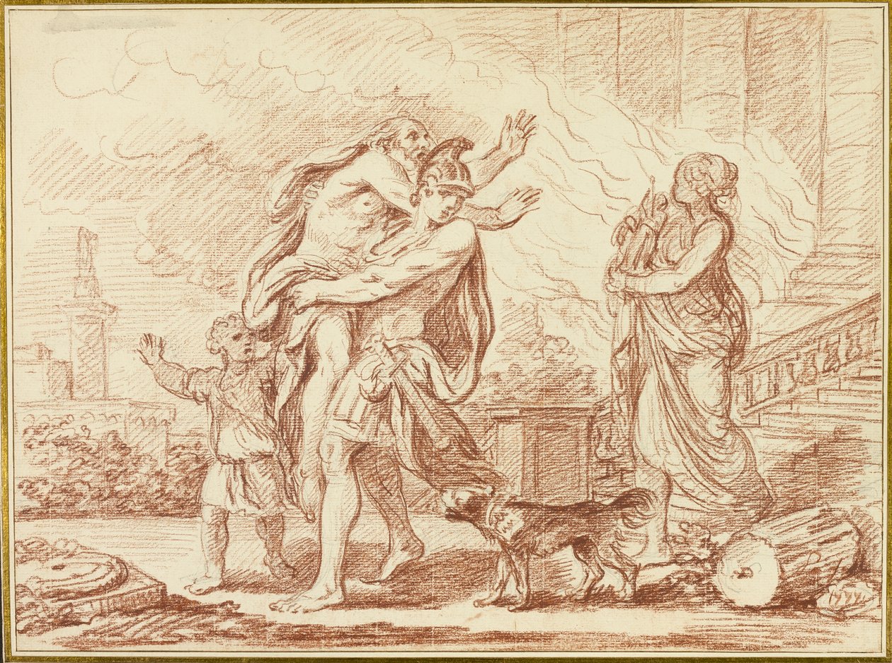 Aeneas flyr med Anchises från Trojas ruiner av Augustin Pajou