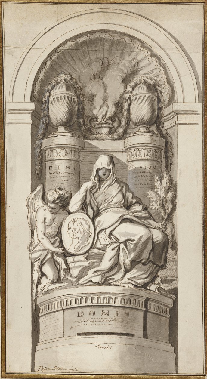 Study for a Funerary Monument, 1750 (svart krita, penna och brunt bläck, bruna och gråa tvättar, vit förhöjning på två sammanfogade ark) av Augustin Pajou