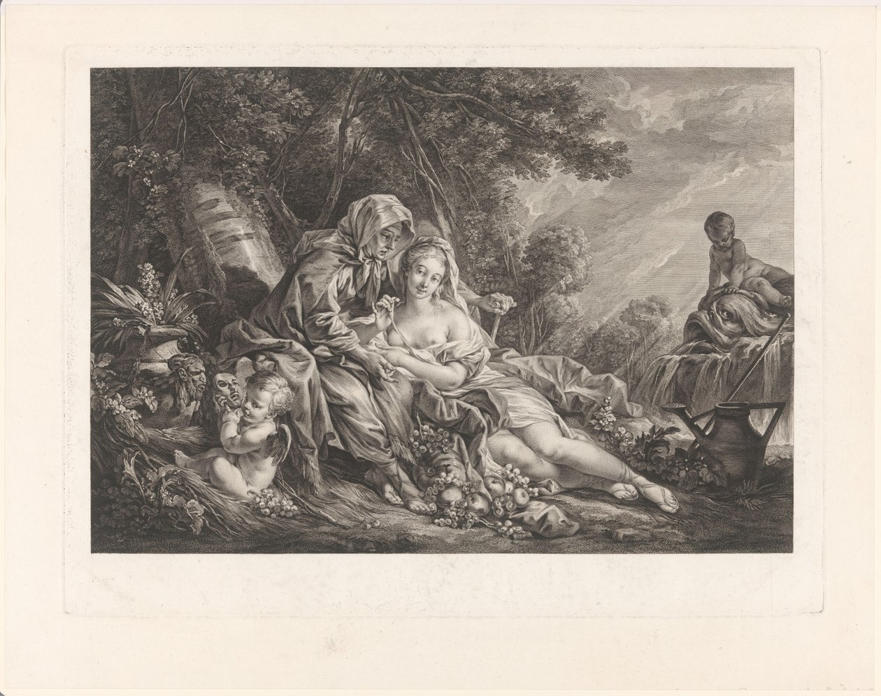 Vertumnus och Pomona i ett parklandskap av Augustin de Saint-Aubin