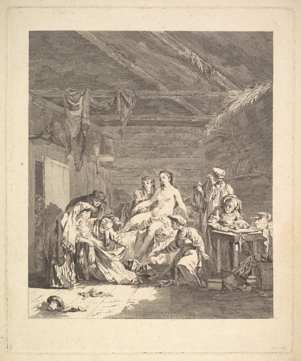 Efter bröllopsnatten ska lakanen visas upp. Från Voyage en Sibérie, 1767 av Augustin de Saint Aubin