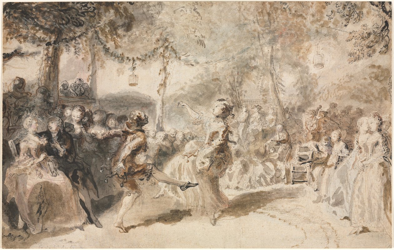 Kostymklädda dansare som uppträder i en trädgårdskrog, 1756. av Augustin de Saint Aubin