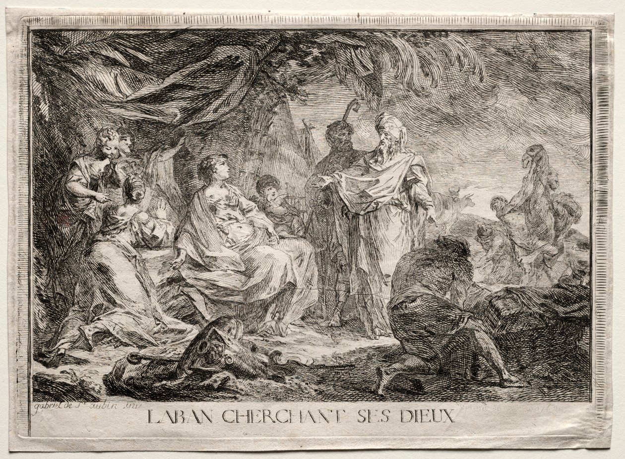 Laban söker sina gudar. av Augustin de Saint Aubin