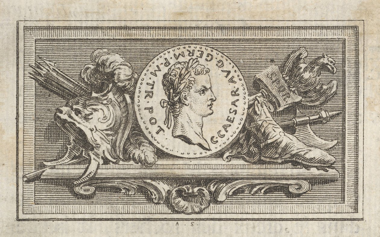 Medalj med porträtt av Caligula i den sjätte boken, från Tibère ou les six premi..., publicerad 1768. av Augustin de Saint Aubin