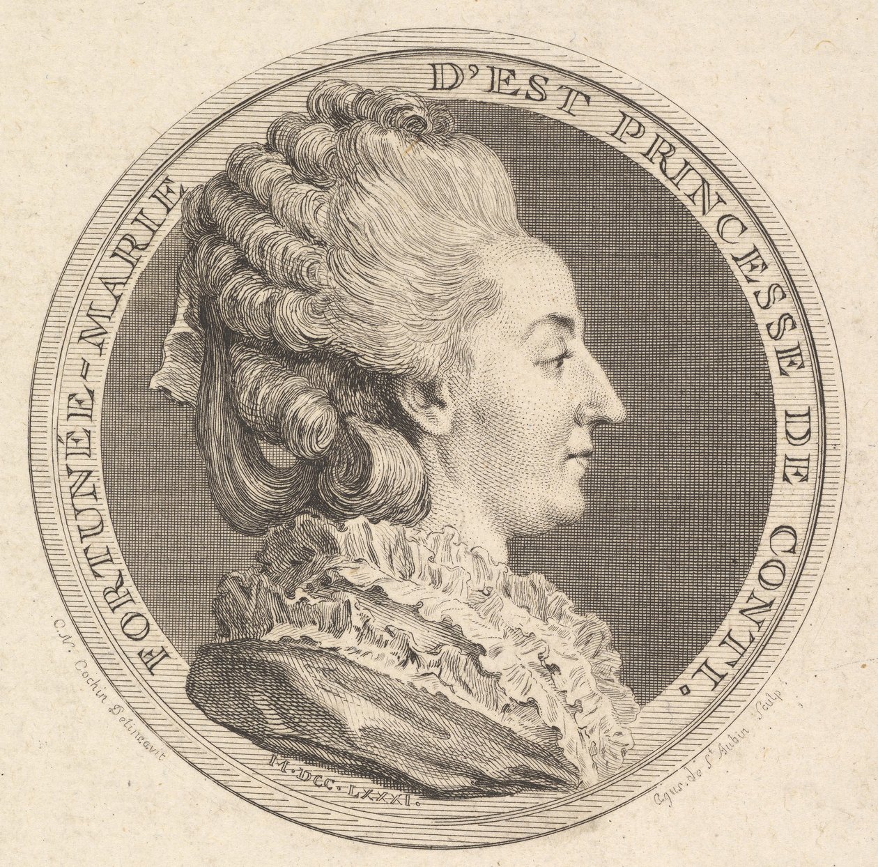 Tryck av en porträttmedalj av Fortunée-Marie dEst, prinsessan av Conti, 1781. av Augustin de Saint Aubin