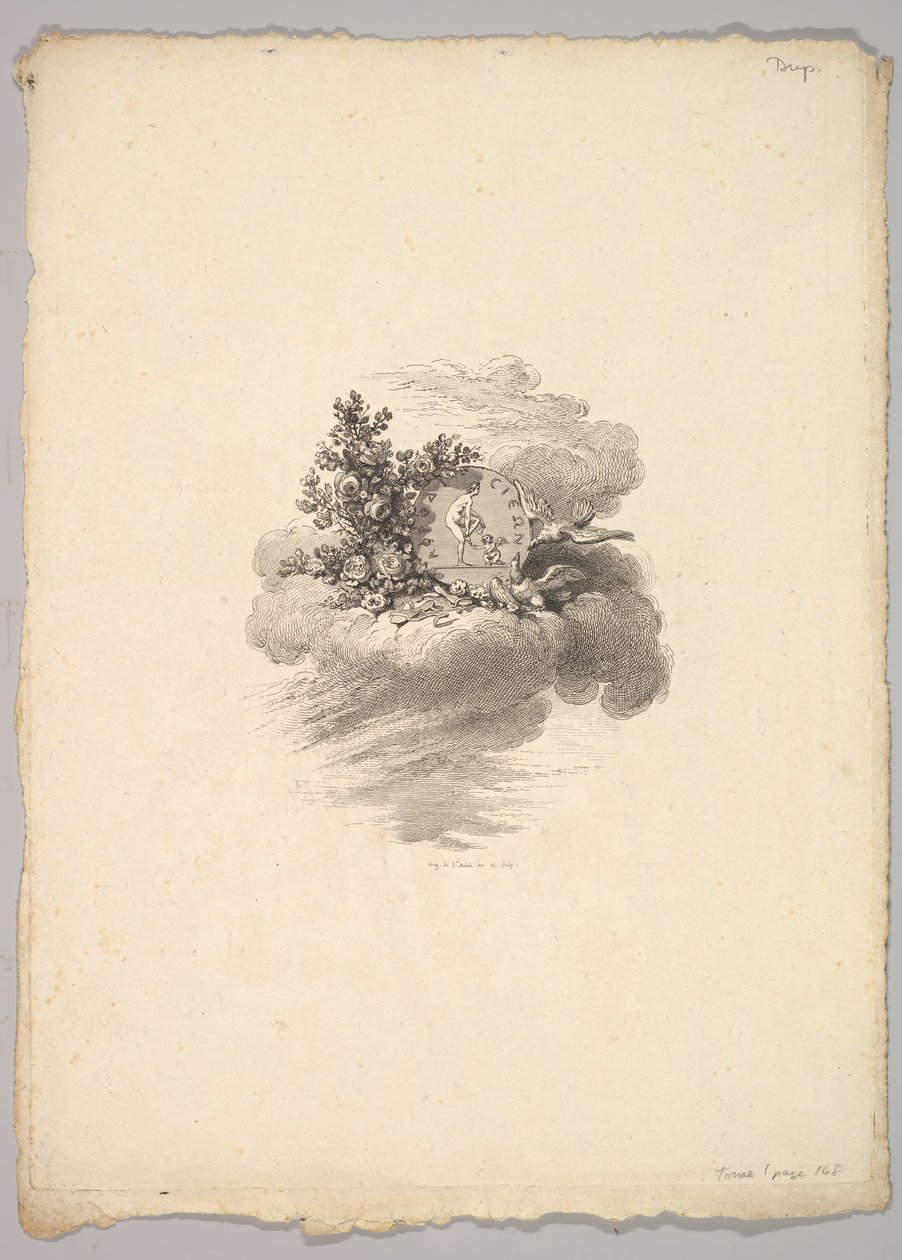 Vinjett med mynt på ett moln med rosor till vänster och duvor under och till höger..., 1778-80. av Augustin de Saint Aubin