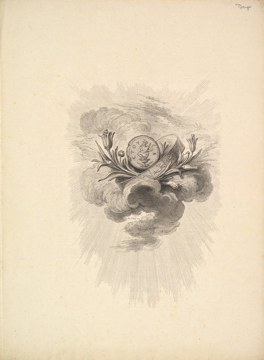 Vinjett med en medalj föreställande Harpocrate och Lotusblommor, Volym I, Sida 12, från D..., 1778-80. av Augustin de Saint Aubin
