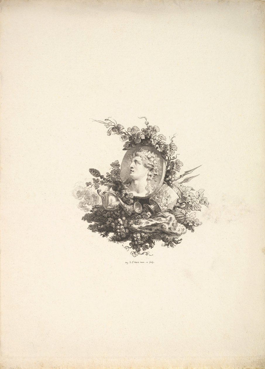 Vinjett med huvudet av Bacchus på en Cornelian, Tome I, Sida 242, från Description de..., 1778-80. av Augustin de Saint Aubin