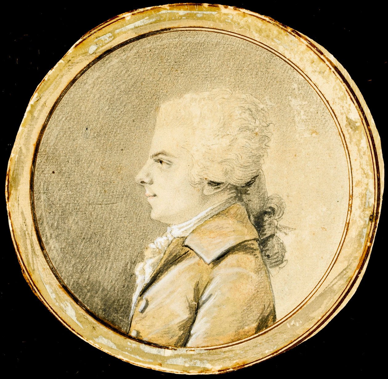 Wolfgang Amadeus Mozart - Augustin de Saint-Aubin (1736-1807). Sanguine, svart krita och vit färg på papper, ca 1778. Mått: D 13,8 cm. Privat samling av Augustin de Saint Aubin