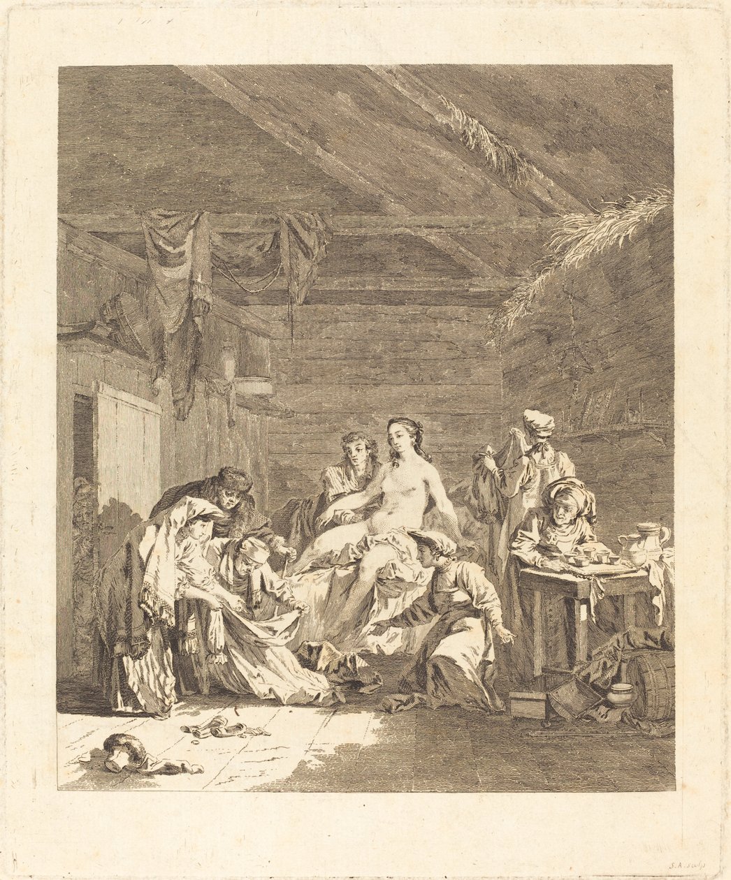 Le lever de la mariée russe (Ryssarnas sed efter bröllopsceremonin och före bröllopsfesten) av Augustin de Saint Aubin after Jean Baptiste Le Prince