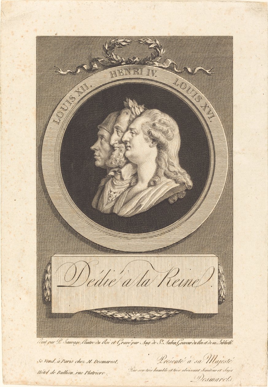 Ludvig XVI, Henri IV och Ludvig XII av Augustin de Saint Aubin after Piat Joseph Sauvage