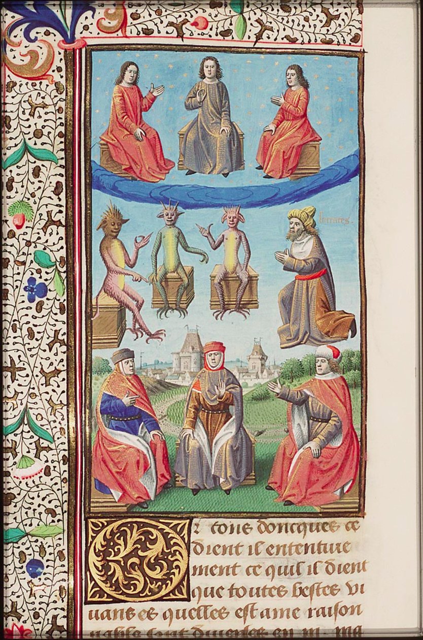 En upplyst sida i boken The City of God, fransk översättning av Raoul de Presles (1371-1375). av Augustine of Hippo