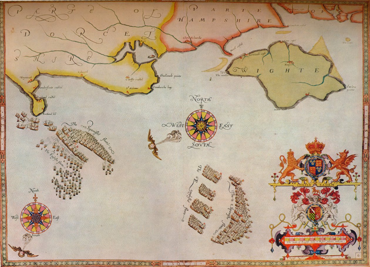 "Portland Bill to Portsmouth: The pursuit of the Spanish Armada by the English Fleet", c1588 av Augustine Ryther