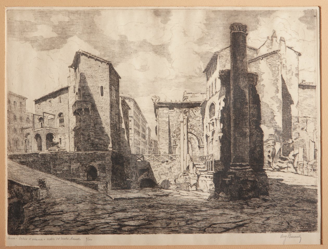 Rom, Porticus of Octaviae och ruinerna av Marcellus teater (etsning på papper) av Augusto Baracchi
