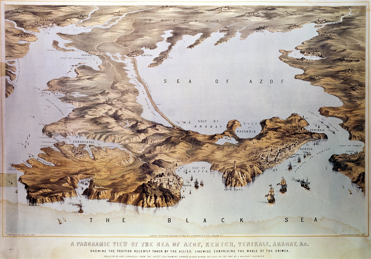 Panoramautsikt över havet av Azof som visar den allierade positionen, från regeringsdiagram och planer och från skisser gjorda av en militäringenjör, pub. av Stannard och Dixon, 1855 av Augustus Butler