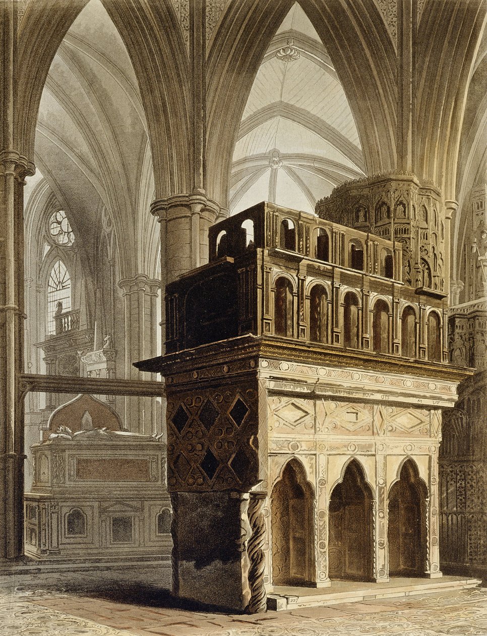 Edvard Bekännarens monument, tavla M från "Westminster Abbey", graverad av J. Bluck (fl.1791-1831) utgiven av Rudolph Ackermann (1764-1834) 1812 (akvatint) av Augustus Charles Pugin