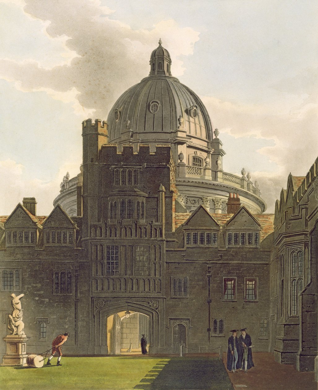 Exteriör av Brasenose College och Radcliffe Library, illustration från "Historien om Oxford", graverad av puben J. Bluck (fl.1791-1831). av R. Ackermann, 1814 (akvatint) av Augustus Charles Pugin