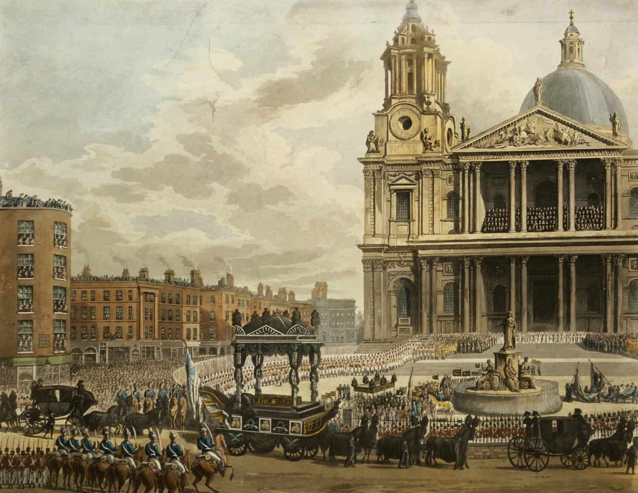 Begravningsprocessionen av Viscount Nelson, från Amiralitetet till St Pauls, 9 januari 1806, graverad av Merigot, pub. 1806 (akvatint) av Augustus Charles Pugin