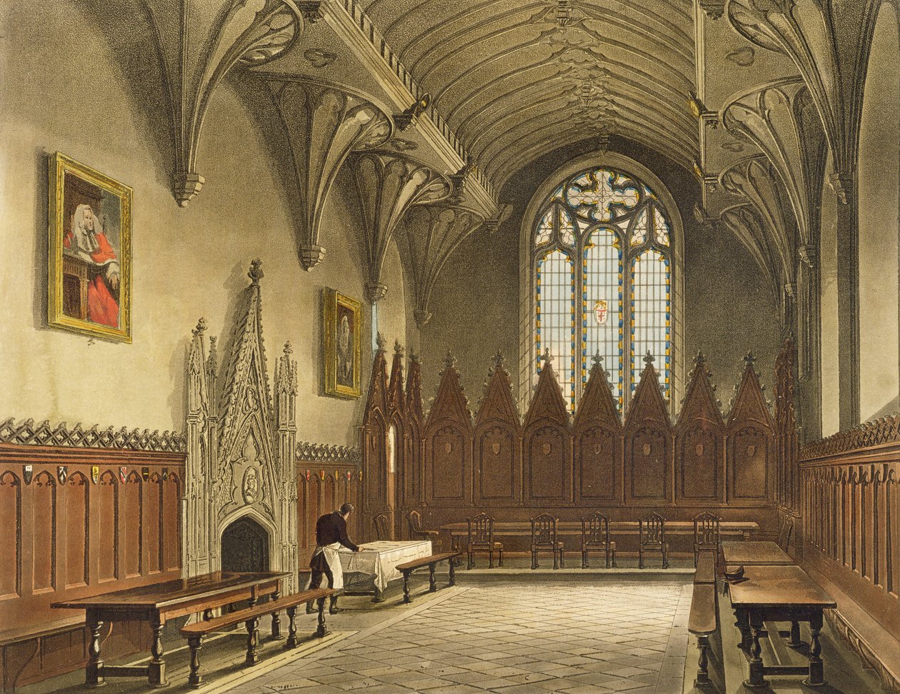Inre vy av hallen på University College, illustration från "Historien om Oxford", graverad av J. Hill, pub. av R. Ackermann, 1814 (färgad akvatint) av Augustus Charles Pugin