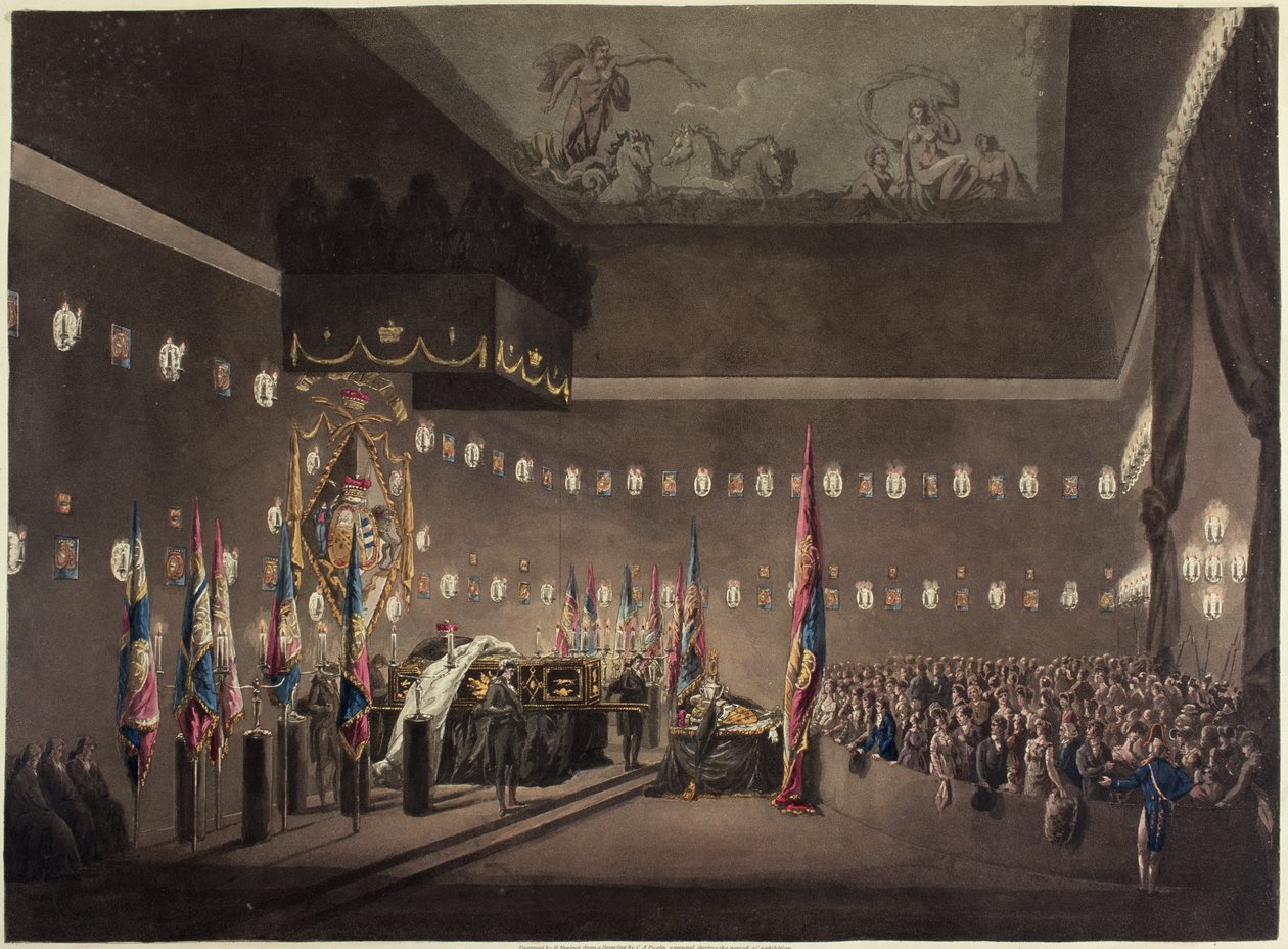 Rester av Lord Viscount Nelson som ligger i staten i den målade kammaren på Greenwich Hospital, graverade av M. Merigot, 1806 av Augustus Charles Pugin