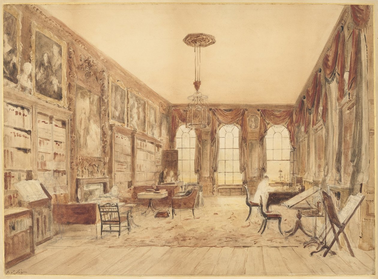 Interiören i biblioteket i Cassiobury av Augustus Charles Pugin