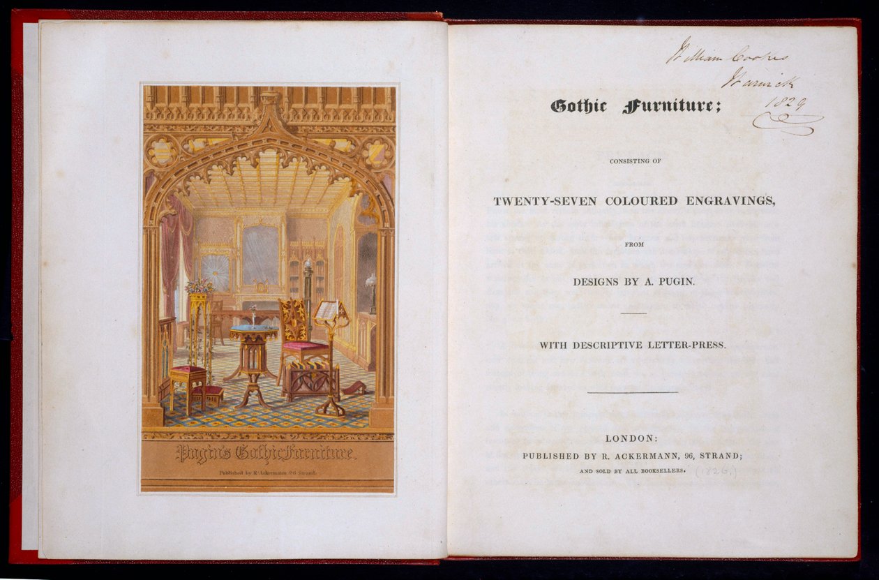 Titelsida och framsida av gotiska möbler, Pugin, Augustus Charles (1762-1832), 1826 av Augustus Charles Pugin