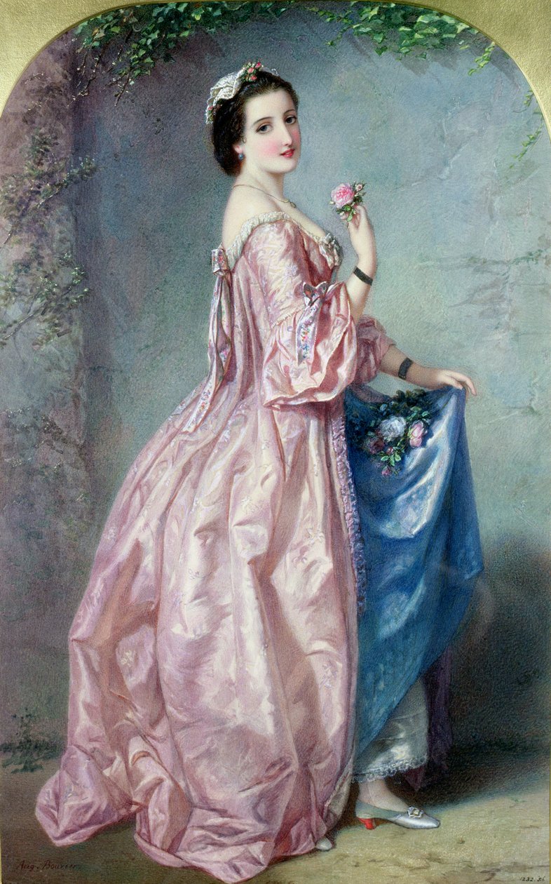 Dam som håller blommor i sin underkjol, 1800-talet (akvarell på papper) av Augustus Jules Bouvier