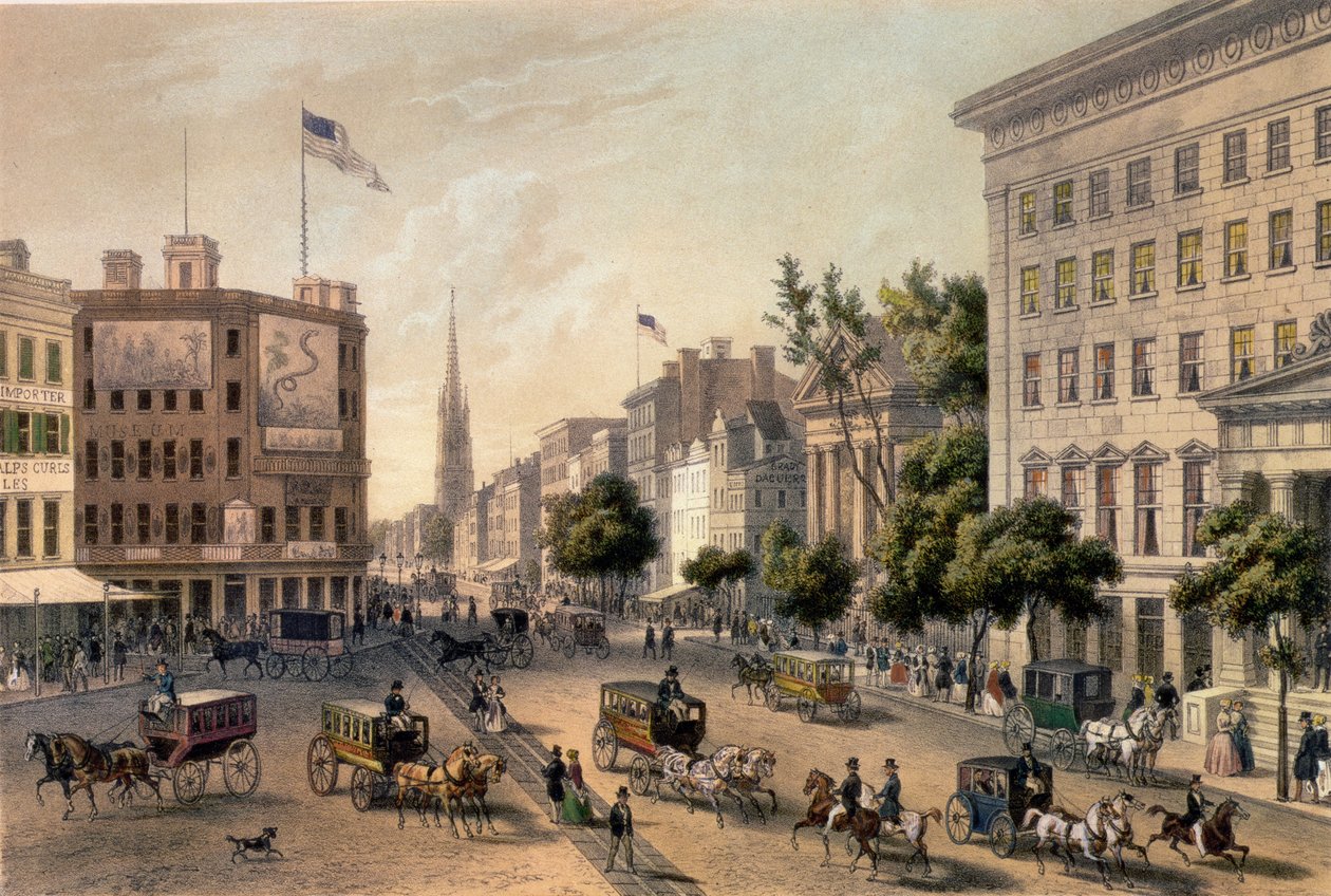 Broadway, New York, graverad av Deroy, pub. av Goupil und Co. av Augustus Kollner
