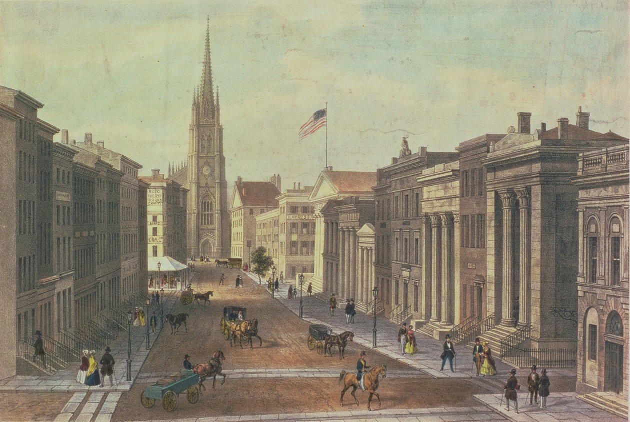 Wall Street, New York, graverad av Deroy, pub. av Goupil und Co, 1850 av Augustus Kollner